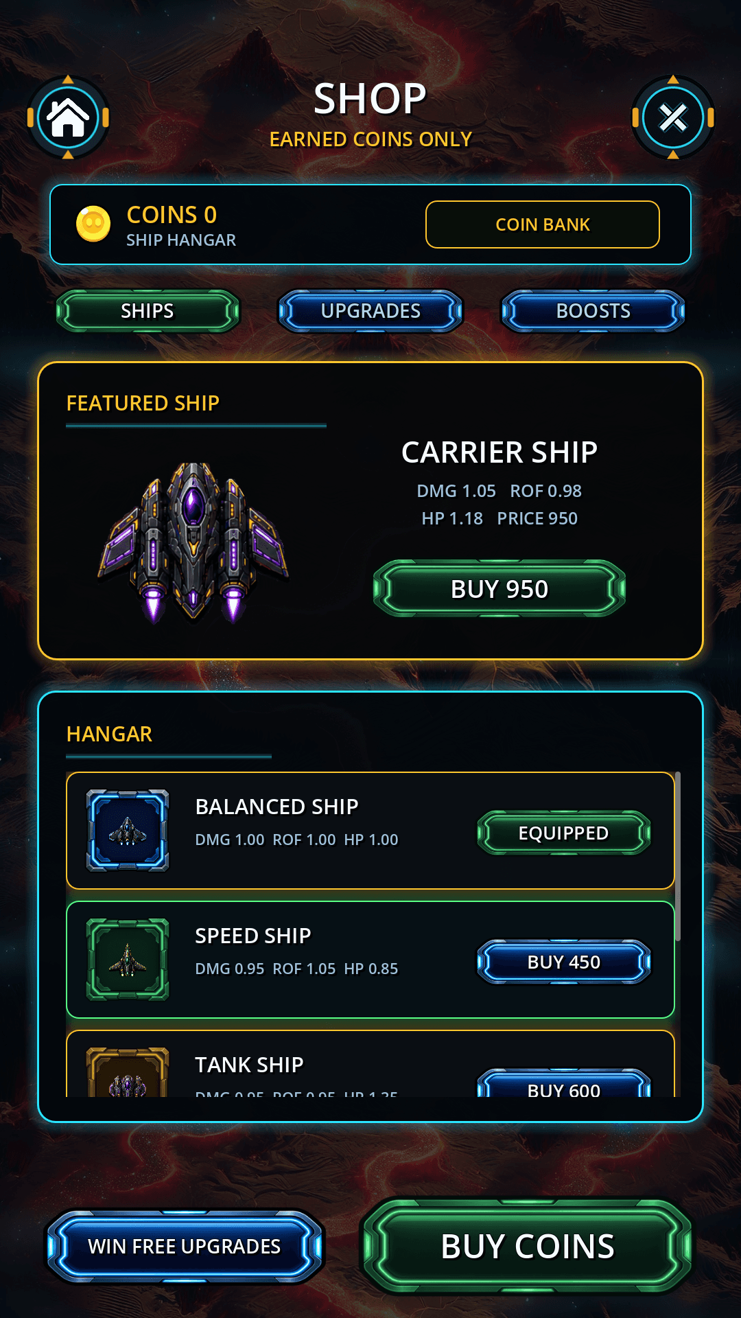 Ship Shop screen